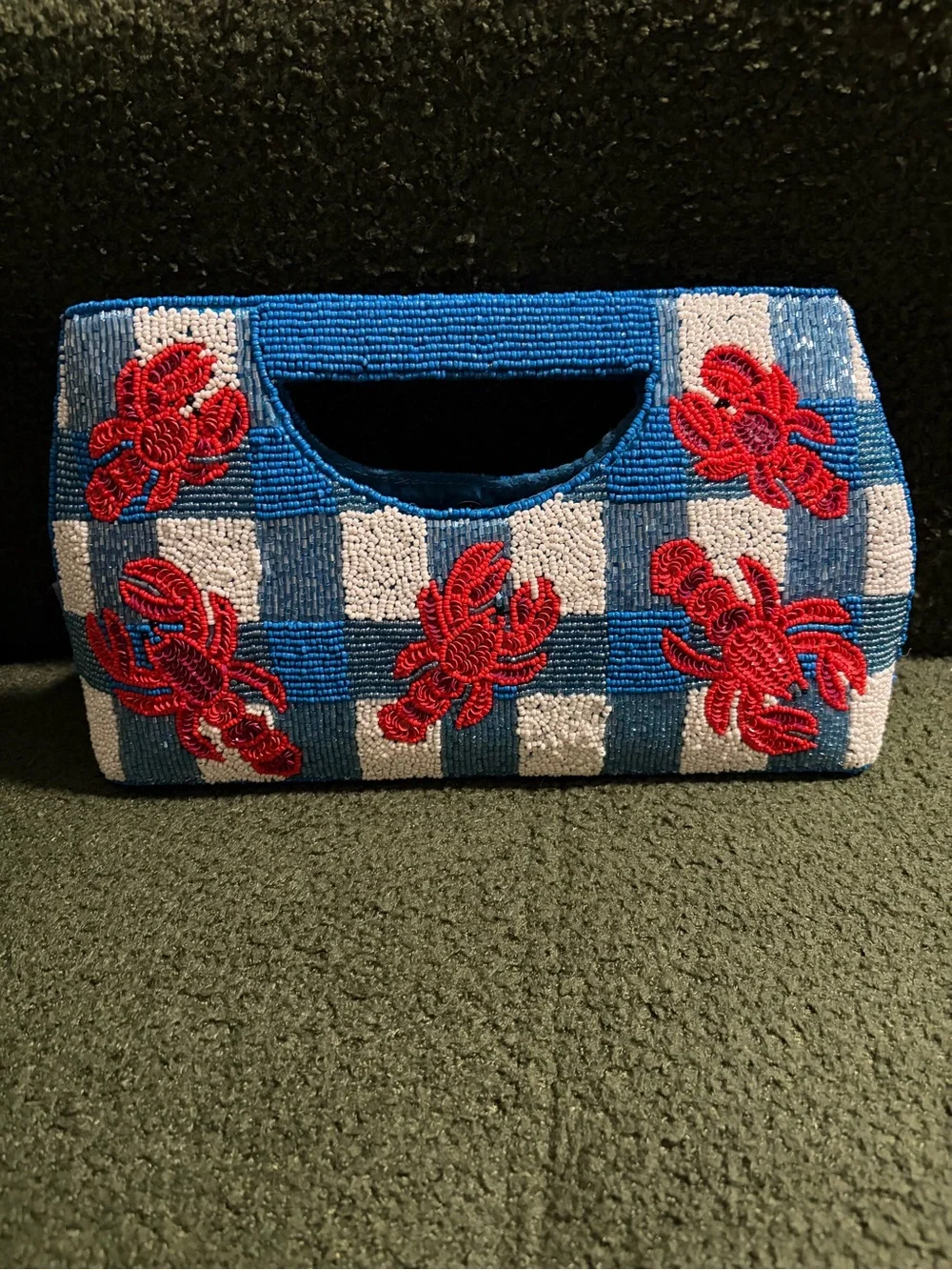 Beaded Blue & White Check Clutch with Red Crab Motif